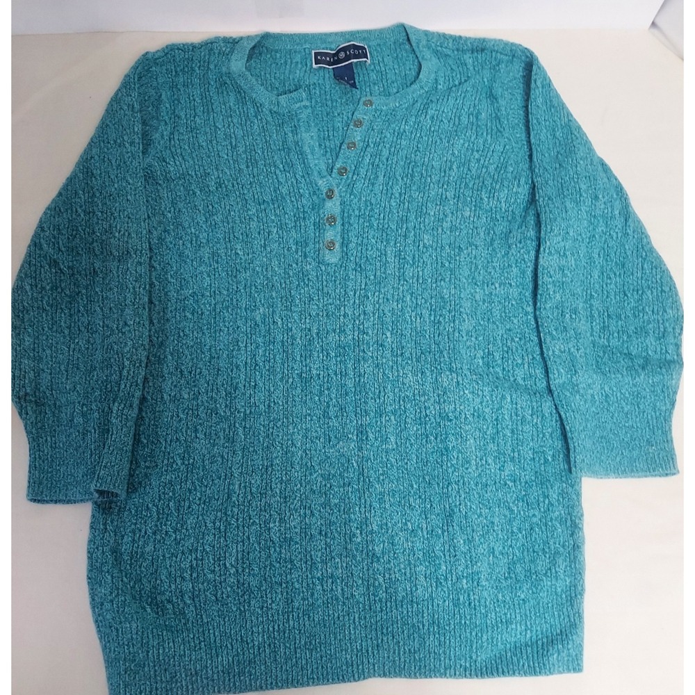 Karen Scott M Cotton Blend Ribbed Knit Henley‎ Sweater Top 3/4 Sleeve Teal